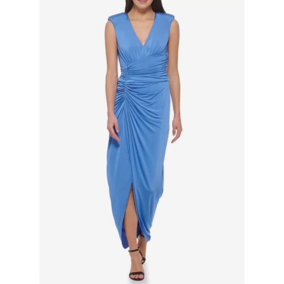 Vince Camuto Ruched Front-slit V-neck Gown Blue NEW Size 4 VC-4331 - Picture 3 of 8